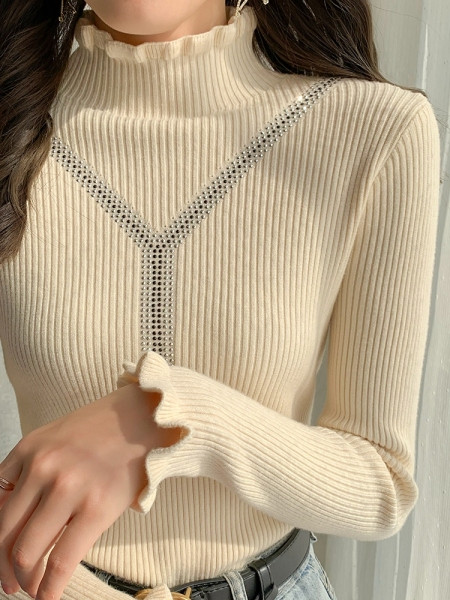 Μοντέρνο γυναικείο πουλόβερ  με ημι-ψηλό κολάρο και διακόσμηση πέτρες