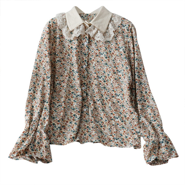 Moodne lillelise trükiga naiste särk ja klassikaline pitskrae