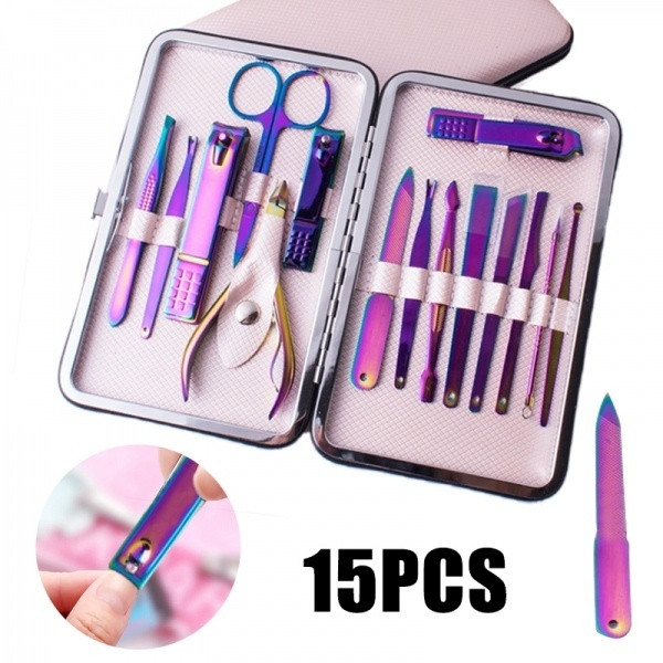 Professional set of 15 parts for manicure and pedicure with storage case