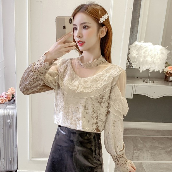 Stiilne naiste sametpluus tülli ja pitsi elementidega