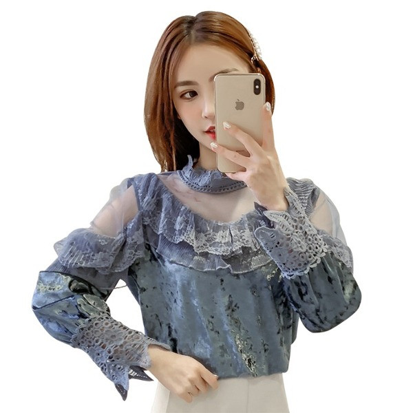 Stiilne naiste sametpluus tülli ja pitsi elementidega