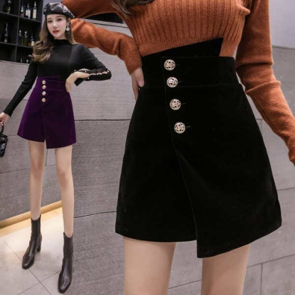 Sametist naiste asümmeetriline kõrge vöökoha ja nööpidega seelik