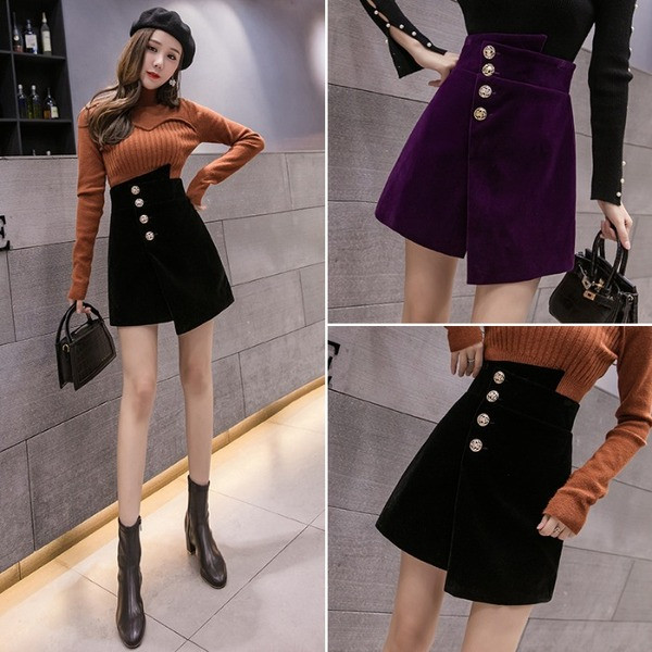 Sametist naiste asümmeetriline kõrge vöökoha ja nööpidega seelik