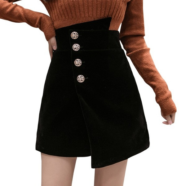 Sametist naiste asümmeetriline kõrge vöökoha ja nööpidega seelik