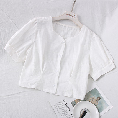 Moodne naiste särk spits-kaelusega, lühikeste varrukate ja nööpidega