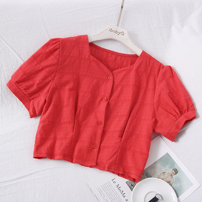 Moodne naiste särk spits-kaelusega, lühikeste varrukate ja nööpidega