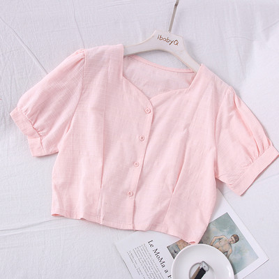 Moodne naiste särk spits-kaelusega, lühikeste varrukate ja nööpidega