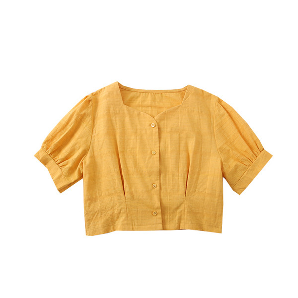 Moodne naiste särk spits-kaelusega, lühikeste varrukate ja nööpidega