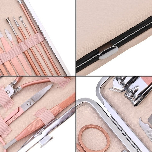 Rinkinį sudaro 18 dalių nerūdijančio plieno manikiūrui ir pedikiūrui