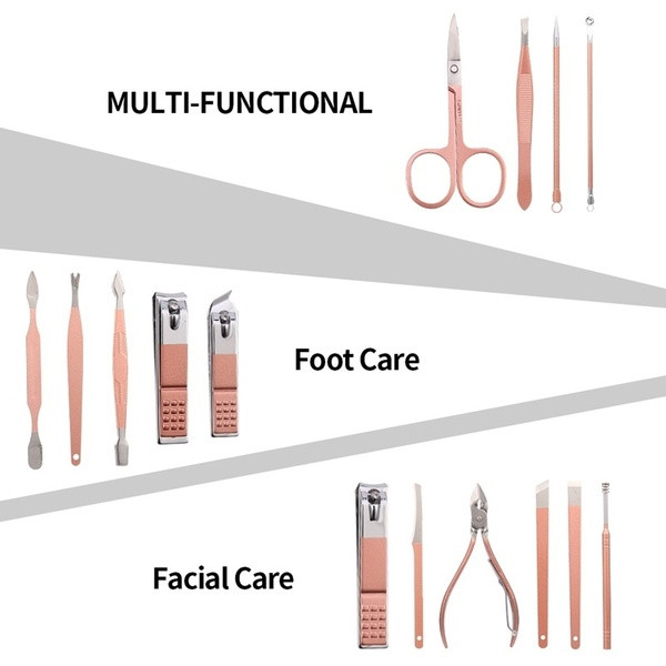 Rinkinį sudaro 18 dalių nerūdijančio plieno manikiūrui ir pedikiūrui