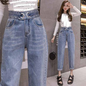 Kõrge vöökoha ja reguleeritava rihmaga vabaaja naiste teksad - sirge mudel