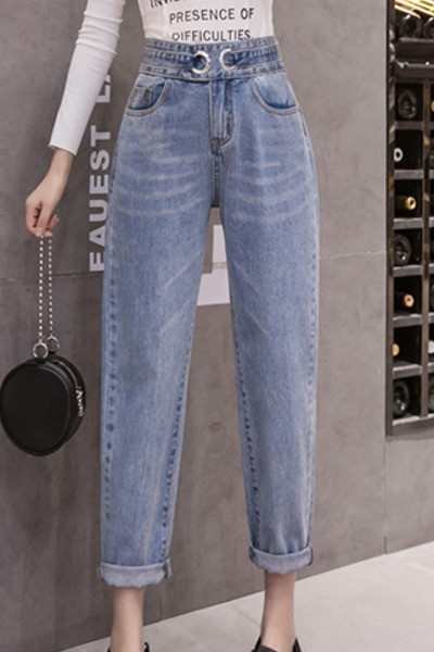 Kõrge vöökoha ja reguleeritava rihmaga vabaaja naiste teksad - sirge mudel