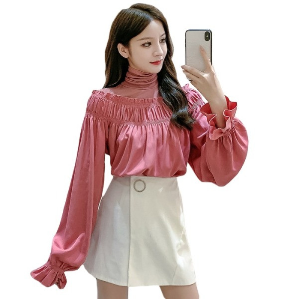 Laiade varrukate ja kõrge kraega kevadine naiste särk