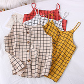 Moodne naiste ruuduline õhukeste rihmade ja nööpidega topp