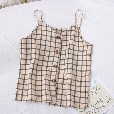 Moodne naiste ruuduline õhukeste rihmade ja nööpidega topp