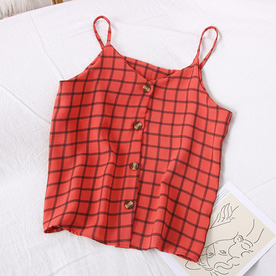 Moodne naiste ruuduline õhukeste rihmade ja nööpidega topp