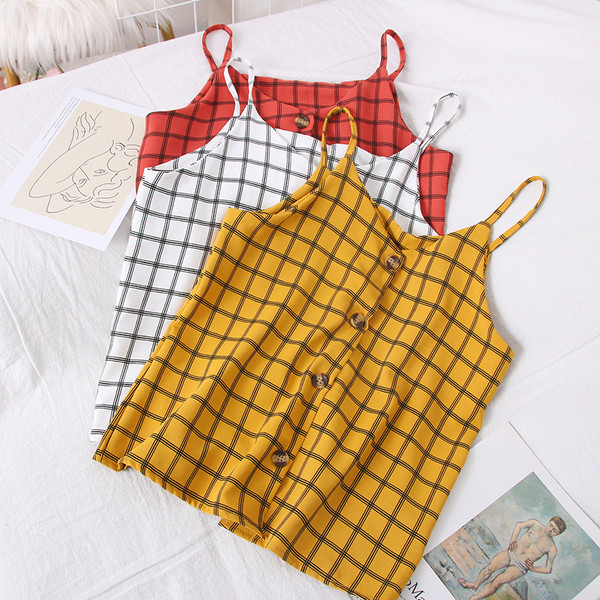 Moodne naiste ruuduline õhukeste rihmade ja nööpidega topp