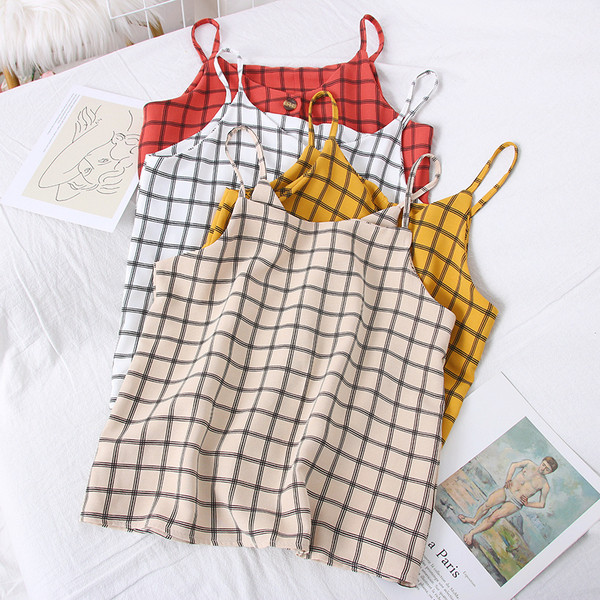 Moodne naiste ruuduline õhukeste rihmade ja nööpidega topp