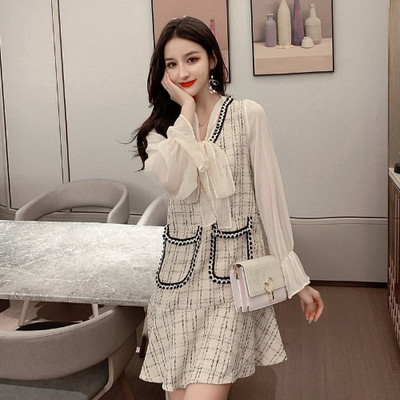 Retro naiste kleit tülli varrukate ja paelaga kraega