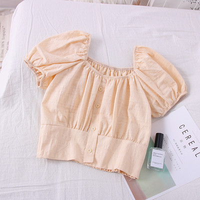 Μοντέρνα γυναικεία μπλούζα με κουμπιά, κοντό μανίκι και τετράγωνο ντεκολτέ