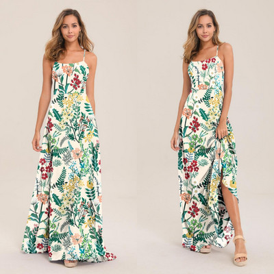Καθημερινό γυναικείο μακρύ φόρεμα με λεπτές λωρίδες και floral μοτίβο