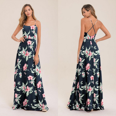 Καθημερινό γυναικείο μακρύ φόρεμα με λεπτές λωρίδες και floral μοτίβο