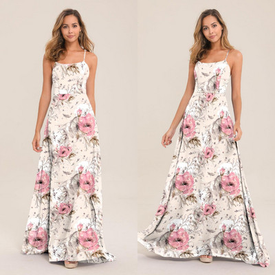 Καθημερινό γυναικείο μακρύ φόρεμα με λεπτές λωρίδες και floral μοτίβο