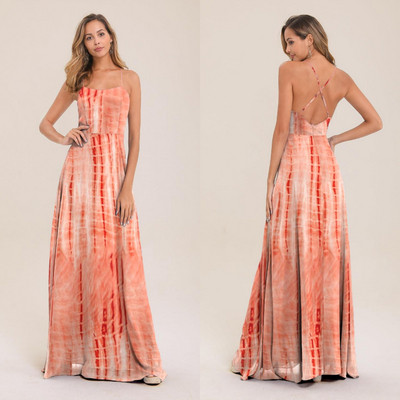 Καθημερινό γυναικείο μακρύ φόρεμα με λεπτές λωρίδες και floral μοτίβο