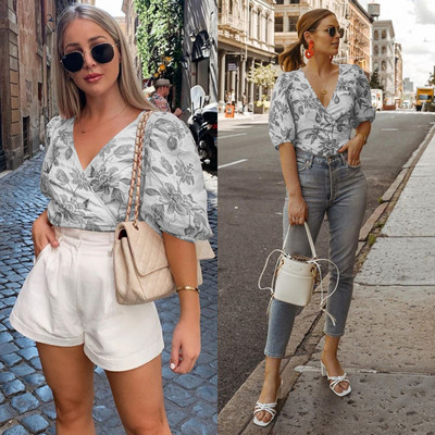 Νέο μοντέλο γυναικείο κοντό μπλουζάκι με βαθύ λαιμόκοψη και μανίκια 3/4