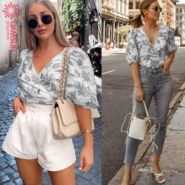 Νέο μοντέλο γυναικείο κοντό μπλουζάκι με βαθύ λαιμόκοψη και μανίκια 3/4