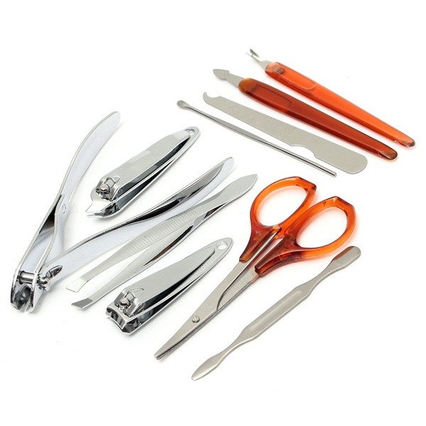 10 nerūdijančio plieno manikiūro ir pedikiūro įrankių rinkinys su dėklu