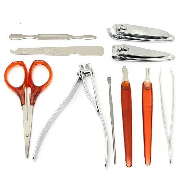 10 nerūdijančio plieno manikiūro ir pedikiūro įrankių rinkinys su dėklu