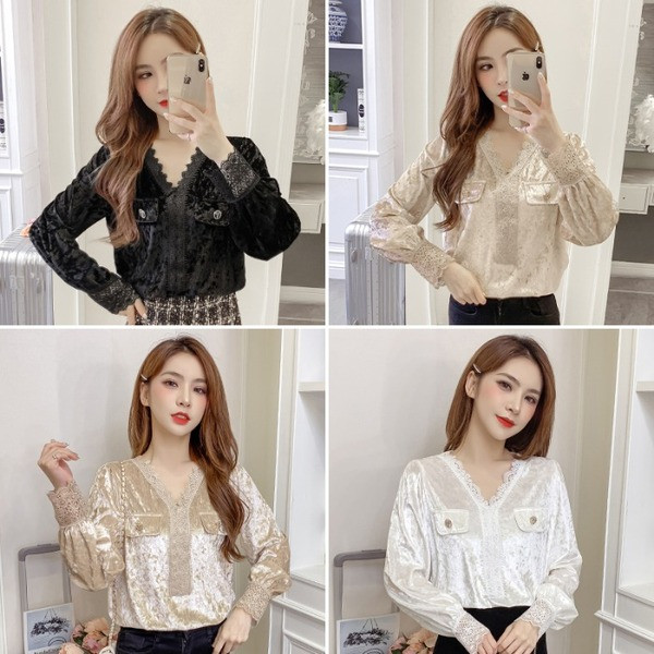 Sametist naiste särk spitsikaela ja pitsiga