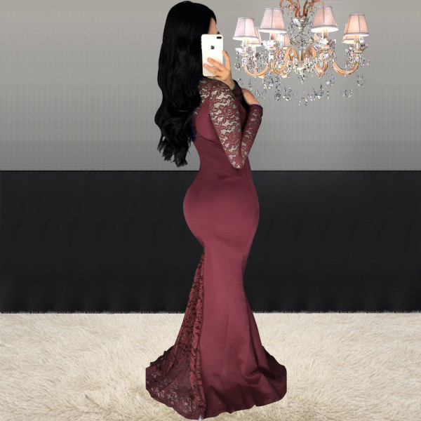 Elegantne naiste pikk pitsi ja pikkade varrukatega kleit