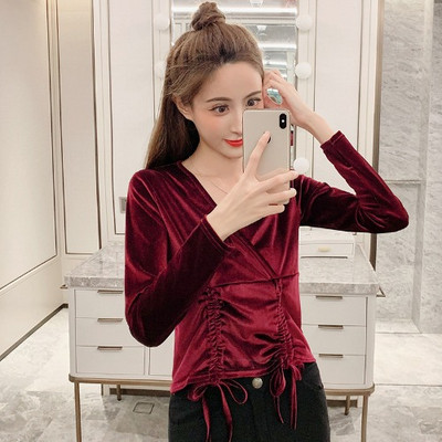 Sametist naiste pluus spits dekoltee ja lipsudega