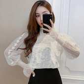 Μια βελούδινη μπλούζα με κολάρο δαντελλών δαντελλών και μανίκια με τούλι