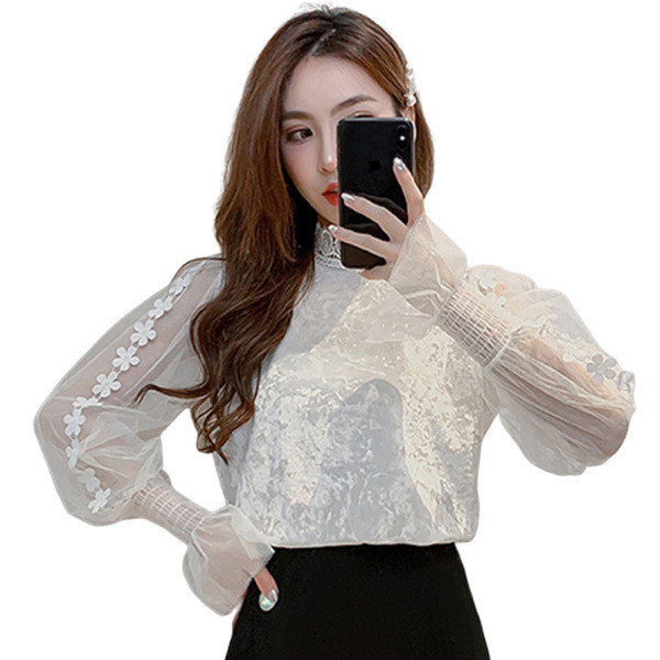 Μια βελούδινη μπλούζα με κολάρο δαντελλών δαντελλών και μανίκια με τούλι