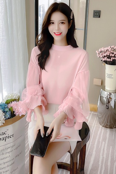 Γυναικεία μπλούζα σιφόν με χαμηλό γιακά και φαρδιά μανίκια