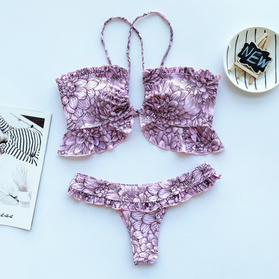 Kaheosaline õhukeste rihmade ja lillemustriga ujumistrikoo