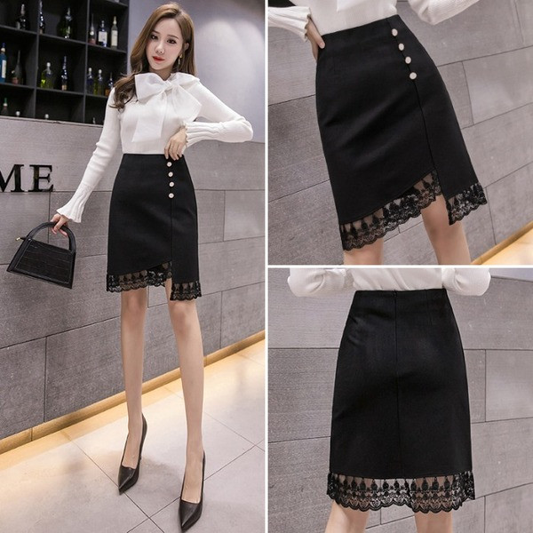 Uus mudel asümmeetriline pitsi ja nööpidega seelik