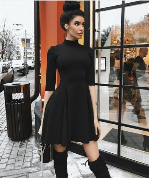 Moodne poolkõrge krae ja 3/4 varrukatega naiste kleit