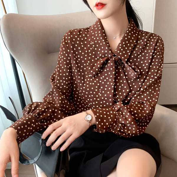 Új modell tavaszi női sifon ing gallérján szalaggal