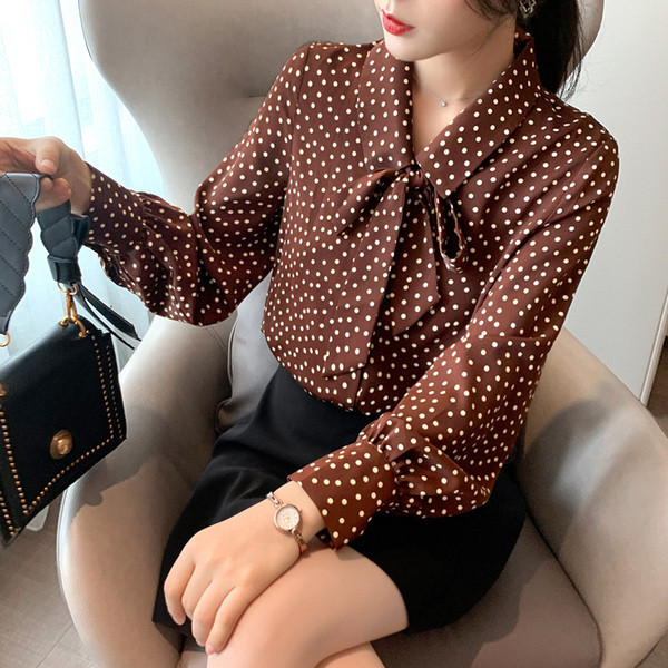 Új modell tavaszi női sifon ing gallérján szalaggal