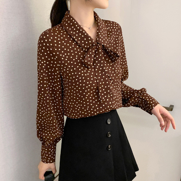 Új modell tavaszi női sifon ing gallérján szalaggal