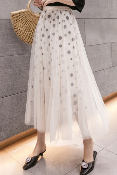 Moodne naiste pikk seelik kõrge vöökoha ja täpilise trükiga