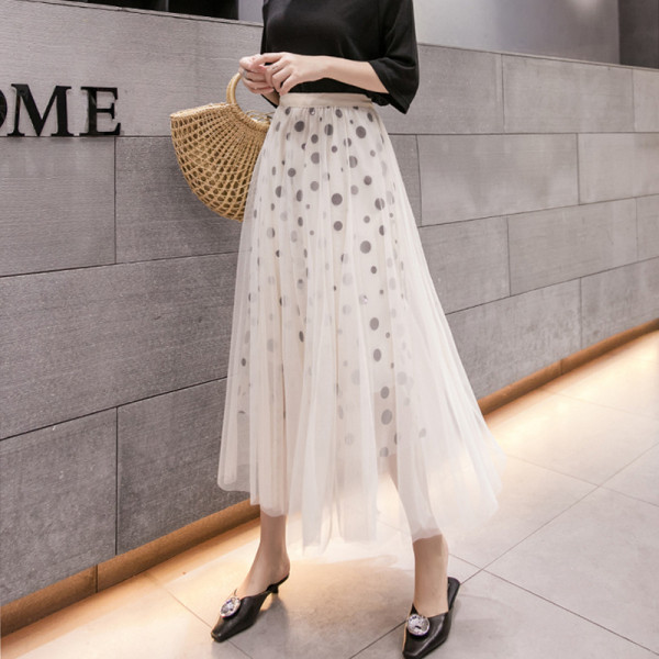 Moodne naiste pikk seelik kõrge vöökoha ja täpilise trükiga