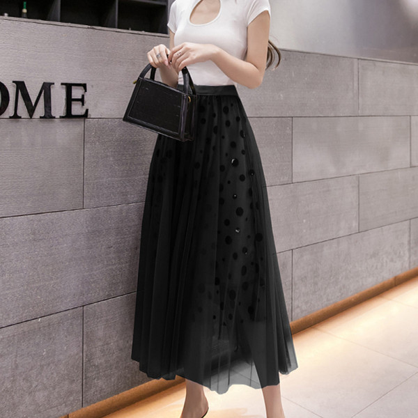 Moodne naiste pikk seelik kõrge vöökoha ja täpilise trükiga