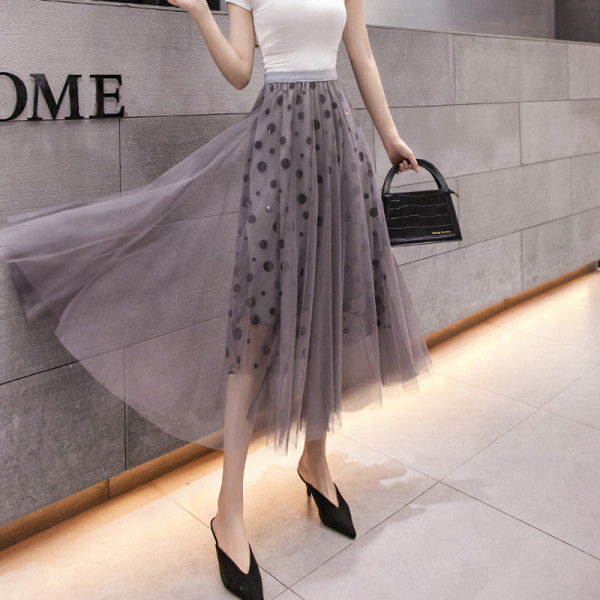 Moodne naiste pikk seelik kõrge vöökoha ja täpilise trükiga