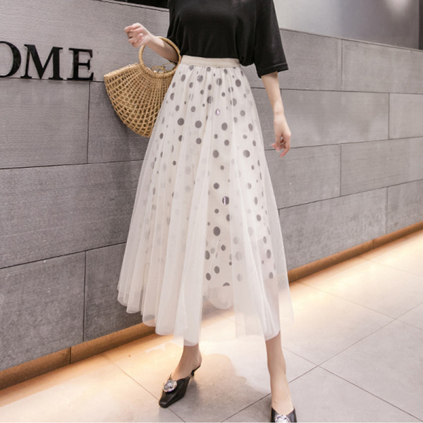 Moodne naiste pikk seelik kõrge vöökoha ja täpilise trükiga