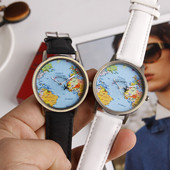 Unisex pulkstenis ar ādas siksniņu ar pasaules kartes dizainu un lidmašīnu